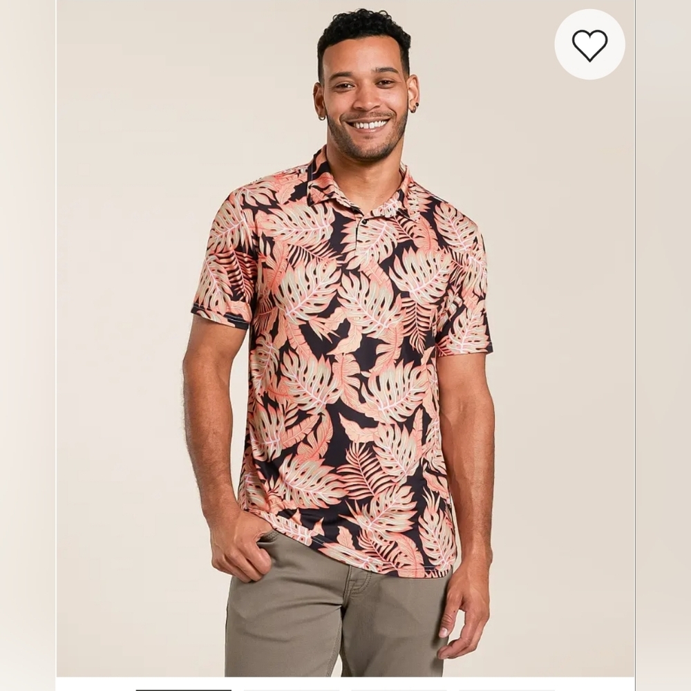 Departwest Royer Performance Polo In Black Coral Sz L Tropical Leaf Print - Picture 3 of 10